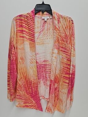 Chico's Pink Orange Cream Palm-Print Open Cardigan Size Large